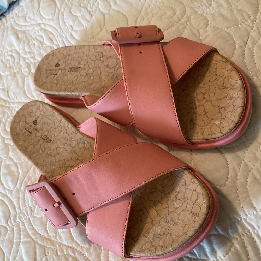 Clarks Pink Leather Cross-Band Slide Sandals